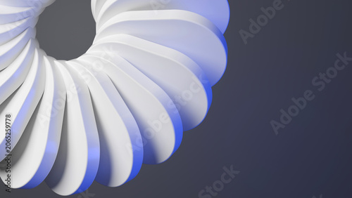 Photos Abstract 3D render close up of white curved petals forming a spiral pattern with blue neon light reflections on a dark background