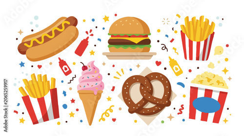 Delicious Fast Food Collection with Hot Dog Burger Fries Ice Cream Pretzel and Popcorn.