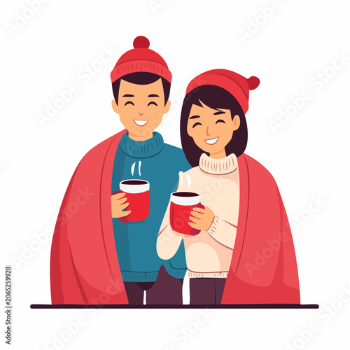 Couple Enjoying Hot Drinks Wrapped in Blanket