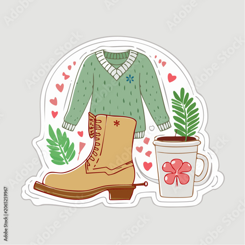 Cozy Autumn Outfit Elements: Sweater, Boot, and Plant
