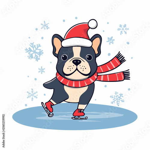 Cute French Bulldog Skating in Winter with Santa Hat and Scarf
