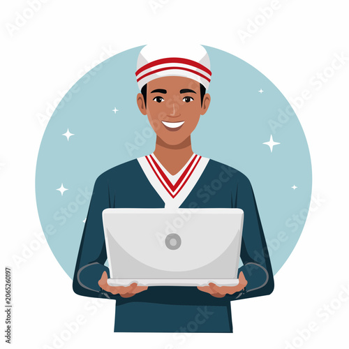 Man in Traditional Attire Holding a Laptop