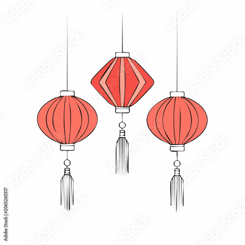 Three Red Chinese Lanterns with Tassels