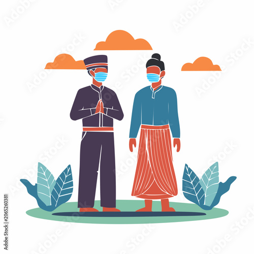 Two people wearing face masks and traditional clothing greeting