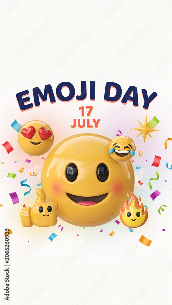 Fototapeta premium World Emoji Day Celebration Poster with Happy Smiley Character