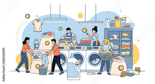 Busy laundromat interior features people washing and folding colorful clothes with industrial washing machines and laundry baskets in a flat style.