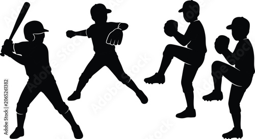 Foto Silhouette of four baseball players in different poses, swinging, pitching, and