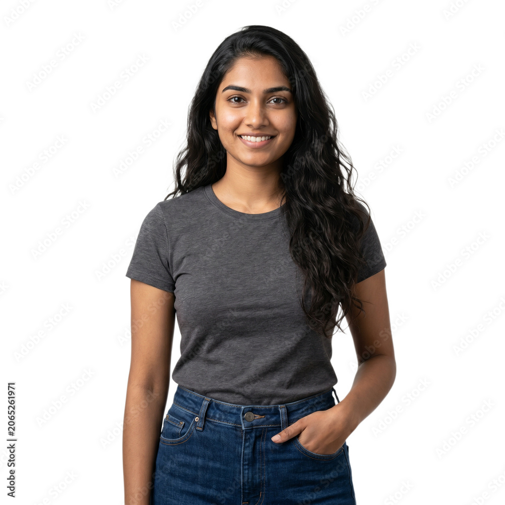 Obraz premium Beautiful Young South Asian Woman Smiling in Casual Grey T-Shirt and Jeans, Female Portrait Isolated on Transparent Background