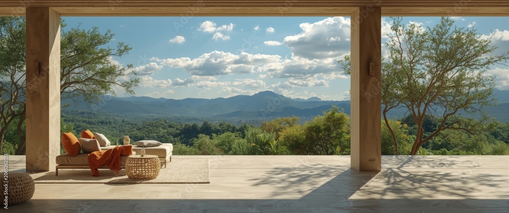 Obraz premium Open terrace with panoramic landscape basking in warm sunshine