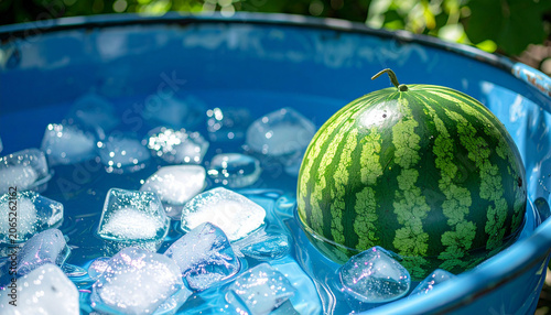 青いタライに浮かぶ氷とスイカ　夏の風物詩を感じさせる涼しげなイメージ写真　日本の夏休みや冷やしフルーツを表現した季節のイベント告知や広告バナーに使用可能な高画質素材
