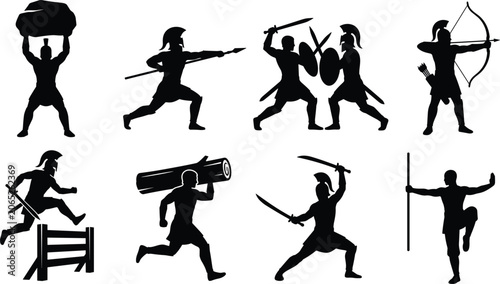 Fotografía Ancient Warrior Action Silhouette Set with Combat Training Archery and Strength