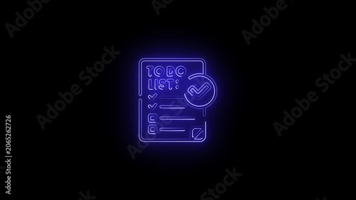 Neon notebook animation with list items glowing on black background high definition