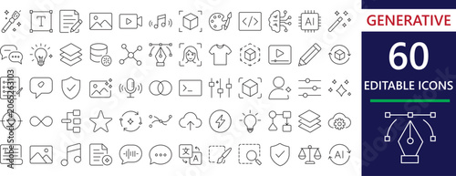 Generative AI stroke icon set featuring content generation, brain, learning, future, neural, automation, machine, and ai innovation.