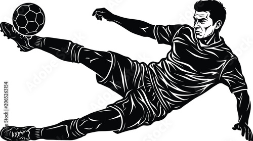 Photos Soccer player performing sliding kick tackle, black-and-white illustration captu