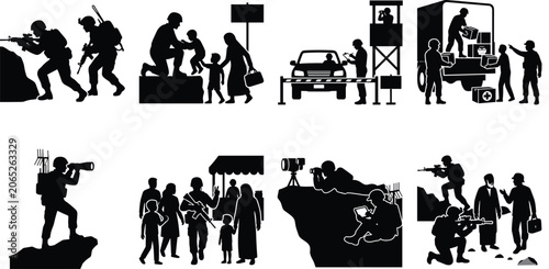 Obraz na plátně Military Operations, Humanitarian Aid, Journalism and Border Security Silhouette