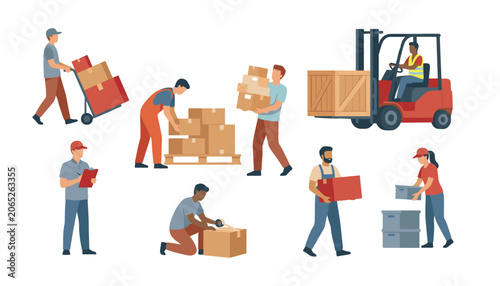 Foto Warehouse workers logistics service character vector set