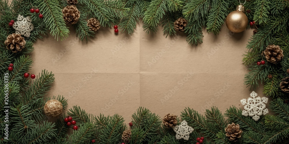 Fototapeta premium Top down festive arrangement of pine boughs with a natural paper card for Christmas ideas