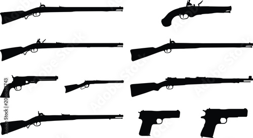 Fotografija Vintage Firearms Silhouette Collection Set Featuring Muskets, Rifles, Flintlock
