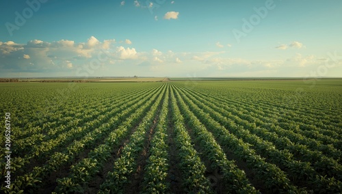High vantage point image of uniform potato crops emphasizing farmland fertility and growth phases