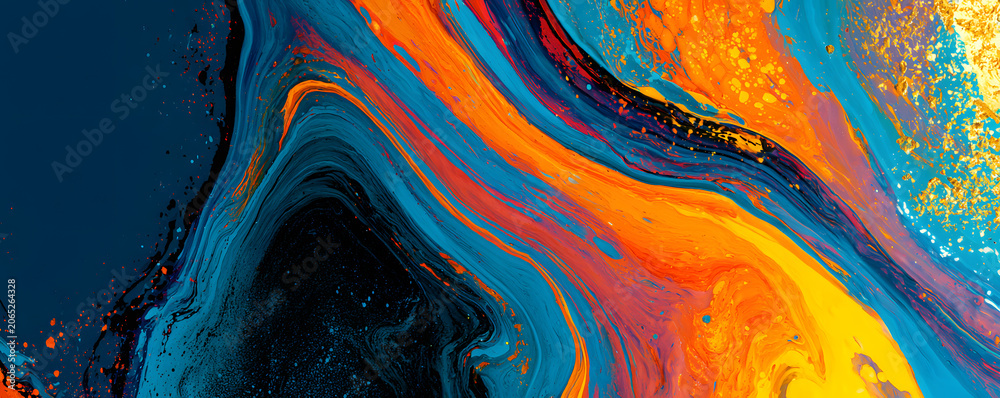 Fototapeta premium Abstract painting with blue and orange waves and gold accents, vibrant and lively