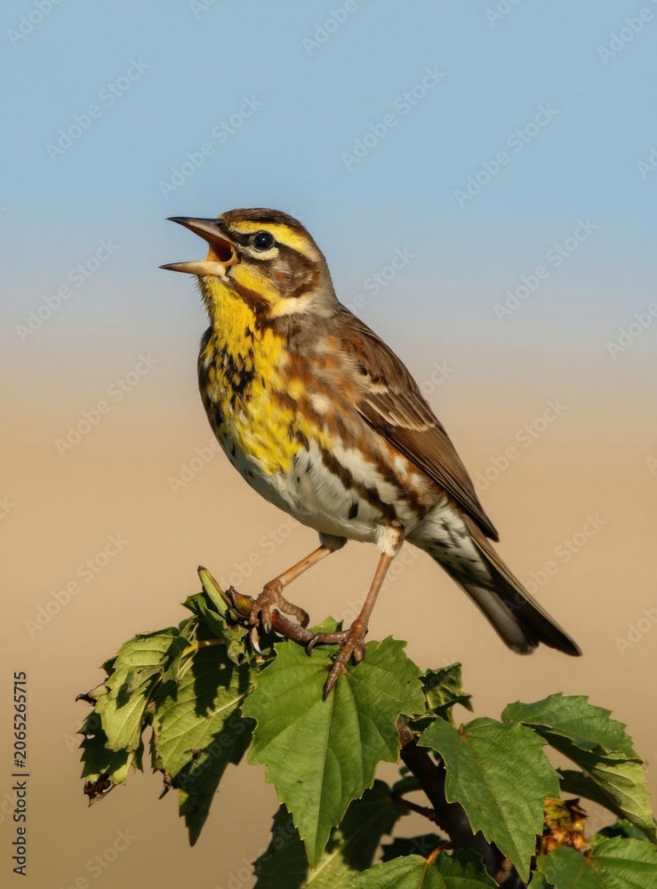 Fototapeta premium Bird with yellow chest, striped brown wings sits on green leaves. Small avian creature opens beak as singing calling. Eye visible looking alert. Background softly blurred. Close-up shot.