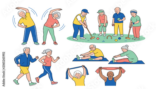 Foto Senior citizens fitness activities character vector set
