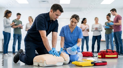 CPR instructor and nurse teaching cardiopulmonary resuscitation with training dummy and class in background healthcare education.