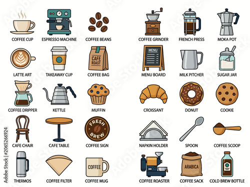 A colorful illustration of various kitchen utensils and food items on a table indoors