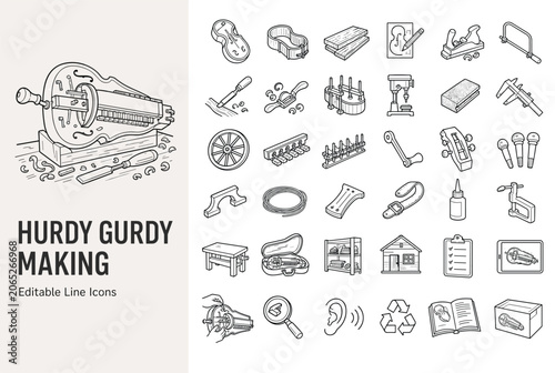 Hurdy gurdy making and lutherie line icons depicting musical instrument crafting tools and workshop equipment