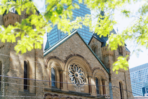 Photography St Andrews Presbyterian Church Historic Stone Facade with Modern Skyscrapers in