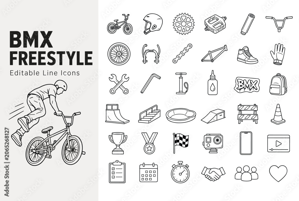 Naklejka premium BMX freestyle and extreme cycling line icons featuring bicycle parts, skatepark ramps, and rider gear