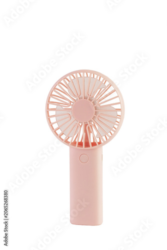 A small pink cordless fan in his hand on transparent background.