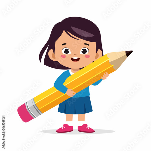 Cute cartoon girl holding a giant pencil