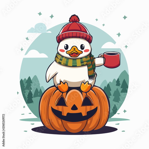 Cute Duck in Winter Hat and Scarf Holding Coffee Cup on Halloween Pumpkin