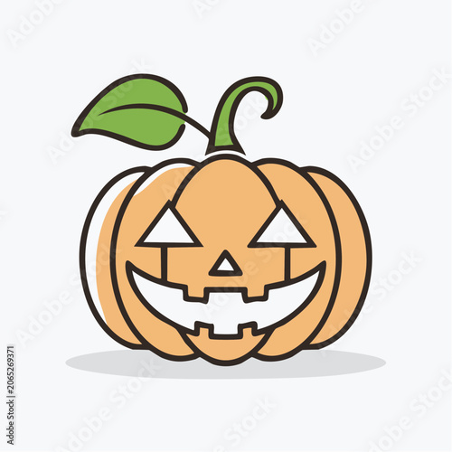 Jack-o'-lantern illustration with a smiling face and green leaf