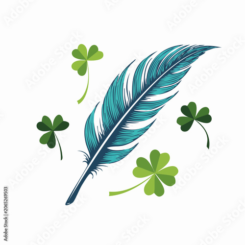Turquoise Feather and Clover Leaves