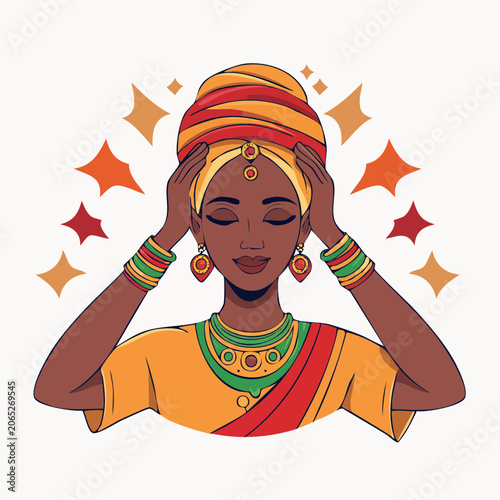 Woman in Traditional African Attire with Turban and Jewelry