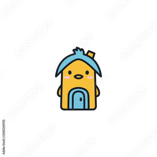Smiling Cartoon House with Blue Roof.