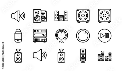 Foto Vector monochrome speaker line art icon set with audio and sound system symbols