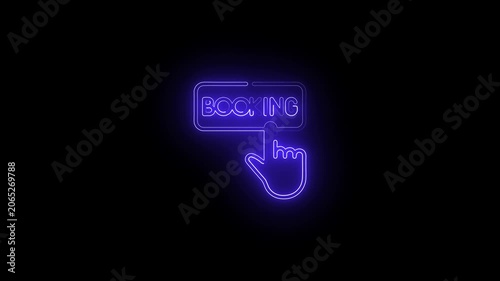 Bright blue neon sign reading Booking on dark background