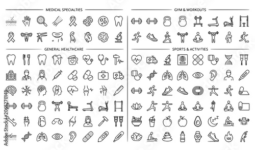 Tableau sur toile 100 medical and fitness outline icons set with healthcare specialties and sports
