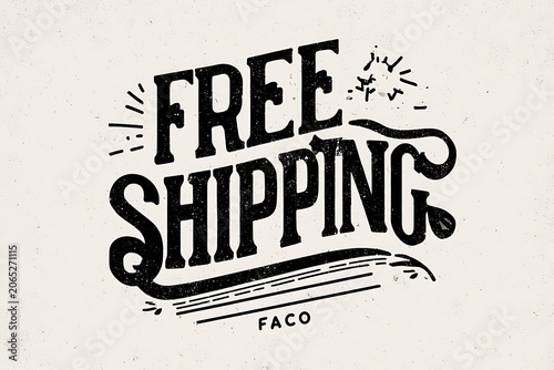 Free shipping label, promotional sticker, black text, vintage style, advertising icon