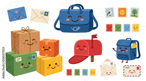 Canvastavla Cute cartoon postal service elements including mailboxes, packages, envelopes, and bags with happy faces