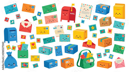 Billede på lærred Collection of cute cartoon mail and postal service elements with happy faces