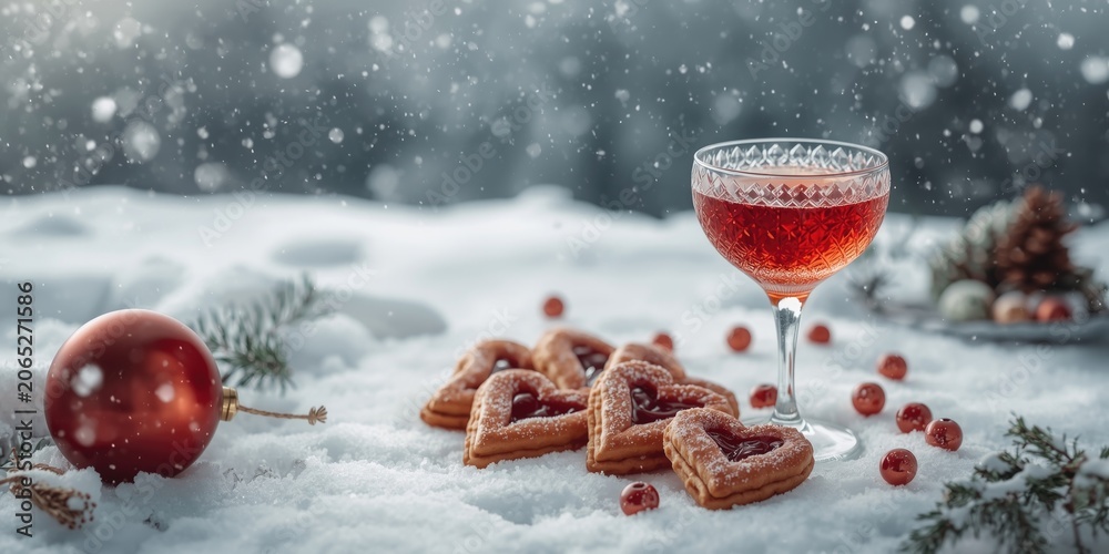 Fototapeta premium Holiday winter setup with crystal wine glass of cherry tincture and heart shaped Christmas cookies on white snowy ground with copy space