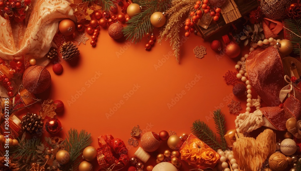 Obraz premium Seasonal flat lay with vibrant orange tones and 2023 holiday theme