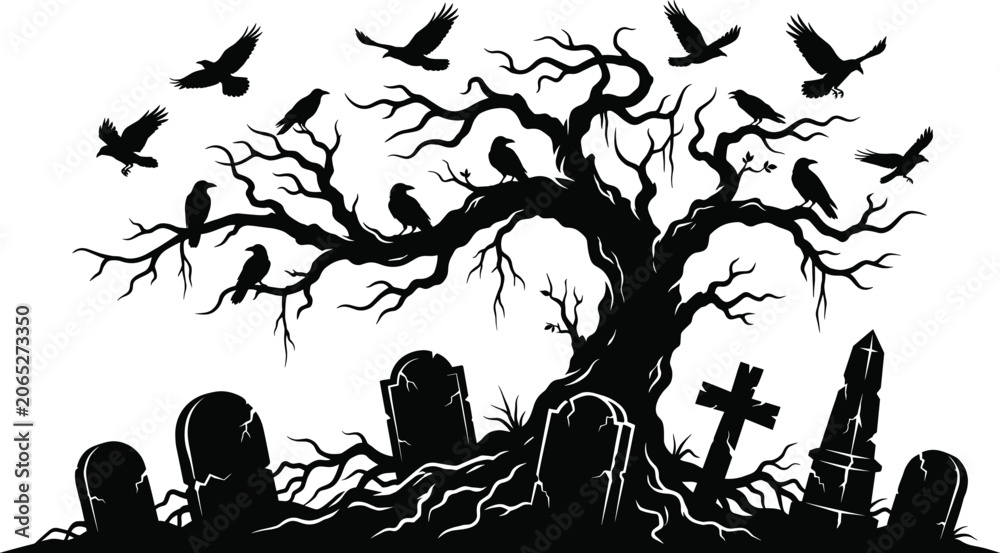 Naklejka premium Spooky Halloween Graveyard Silhouette Vector Featuring a Gnarly Tree Flying Ravens and Tombstones