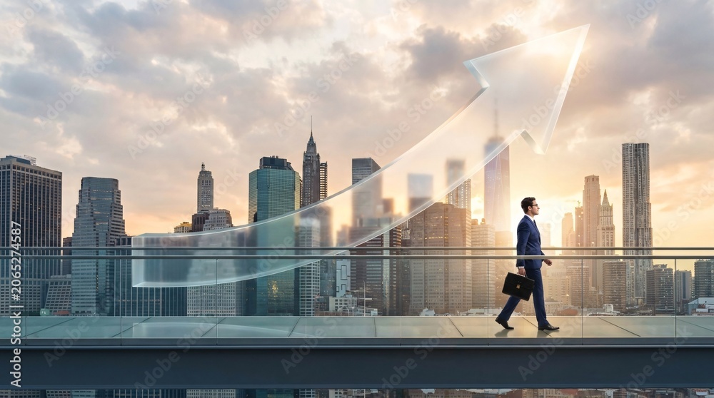 Obraz premium Conceptual financial growth image shows a businessman walking confidently alongside a massive floating translucent arrow pointing upwards.