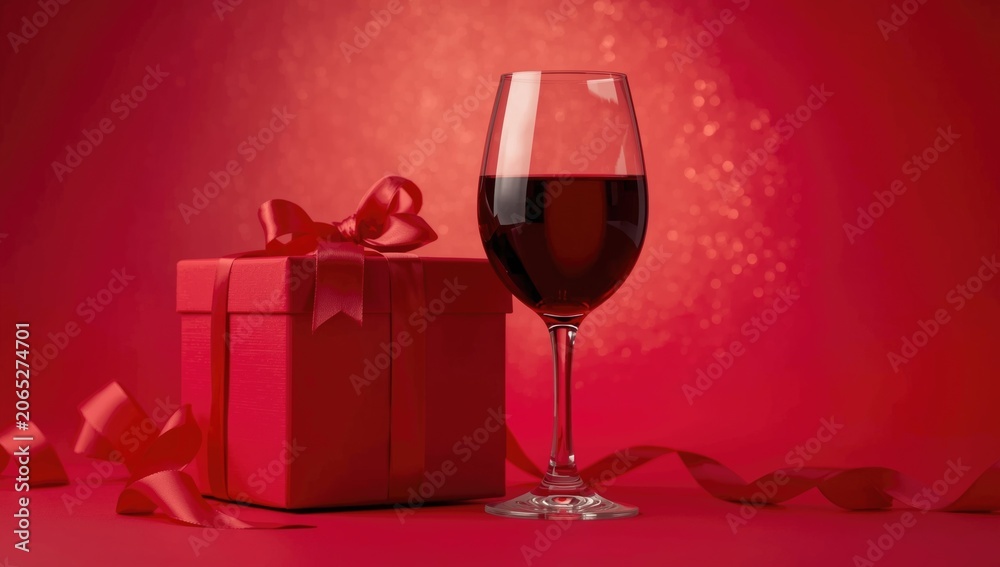 Obraz premium Red gift box next to a filled wine glass on a lively red background for commemorative festivities