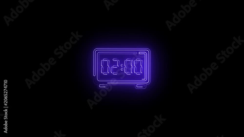 Glowing neon line Digital alarm clock icon isolated on black background. Electronic watch alarm clock. Time icon. 4K Video motion graphic animation